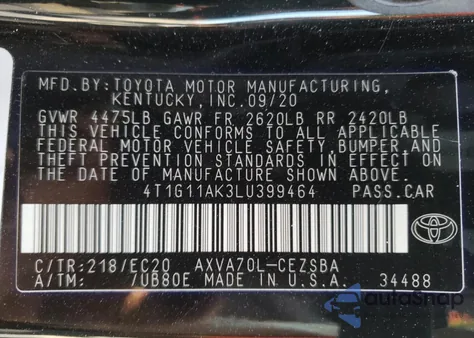 2020 Toyota Camry Se z USA, uszkodzony, nr VIN 4T1G11AK3LU399464